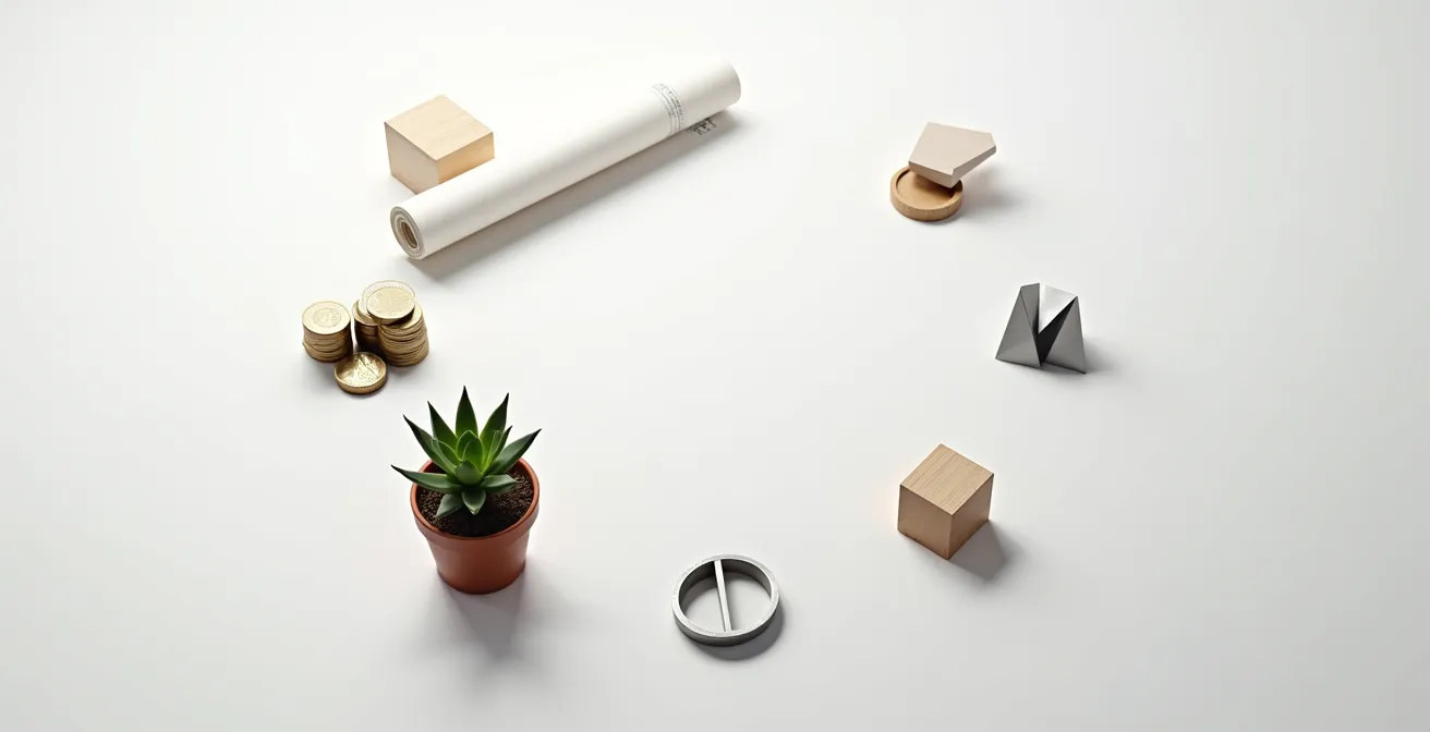 Visualización conceptual del análisis PESTEL con elementos que representan factores políticos, económicos, sociales, tecnológicos, ambientales y legales