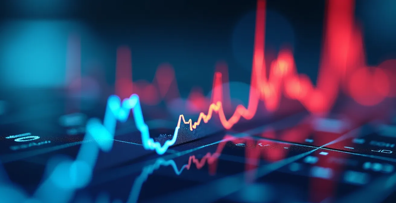 Vista macro de pantalla mostrando gráficos de tendencias con reflejos de colores