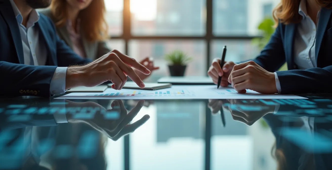 Mesa de reunión con gráficos de análisis de riesgos proyectados en cristal