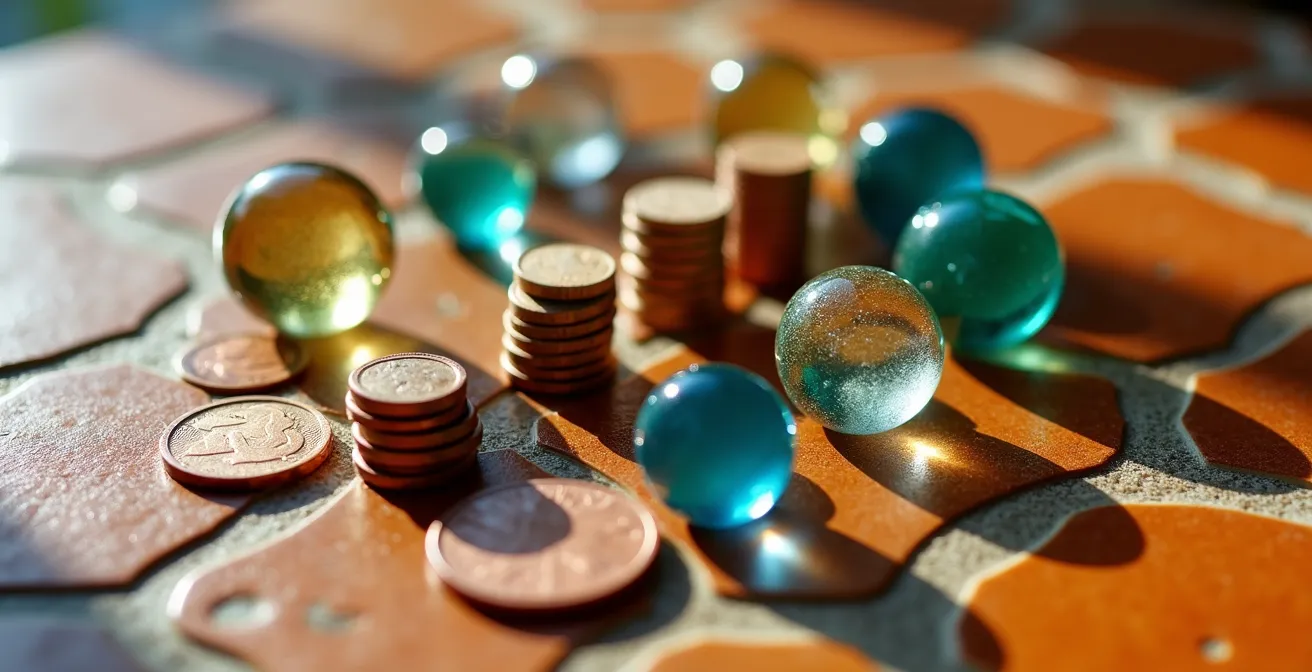 Vista macro de elementos físicos representando métricas de éxito en crowdfunding dispuestos en un patrón circular