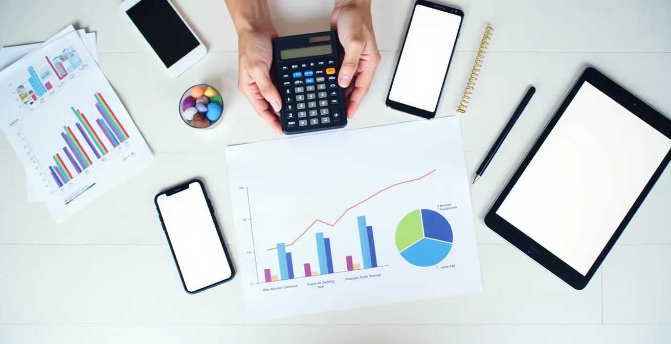 Mesa de trabajo con calculadora, gráficos de costes y dispositivos móviles