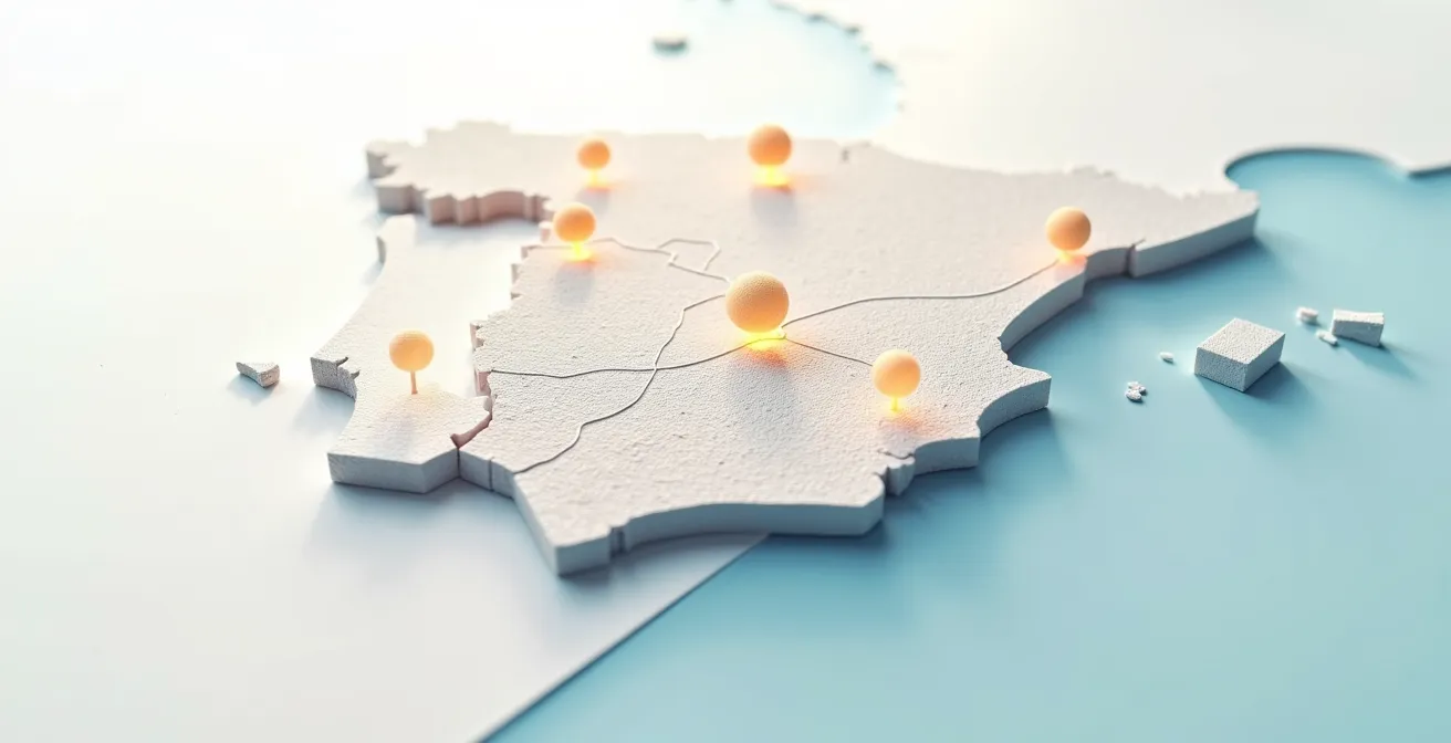 Vista aérea de mapa de España con puntos de expansión de mercado iluminados