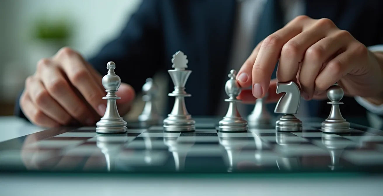 Vista aérea de piezas de ajedrez metálicas representando estrategia de recursos