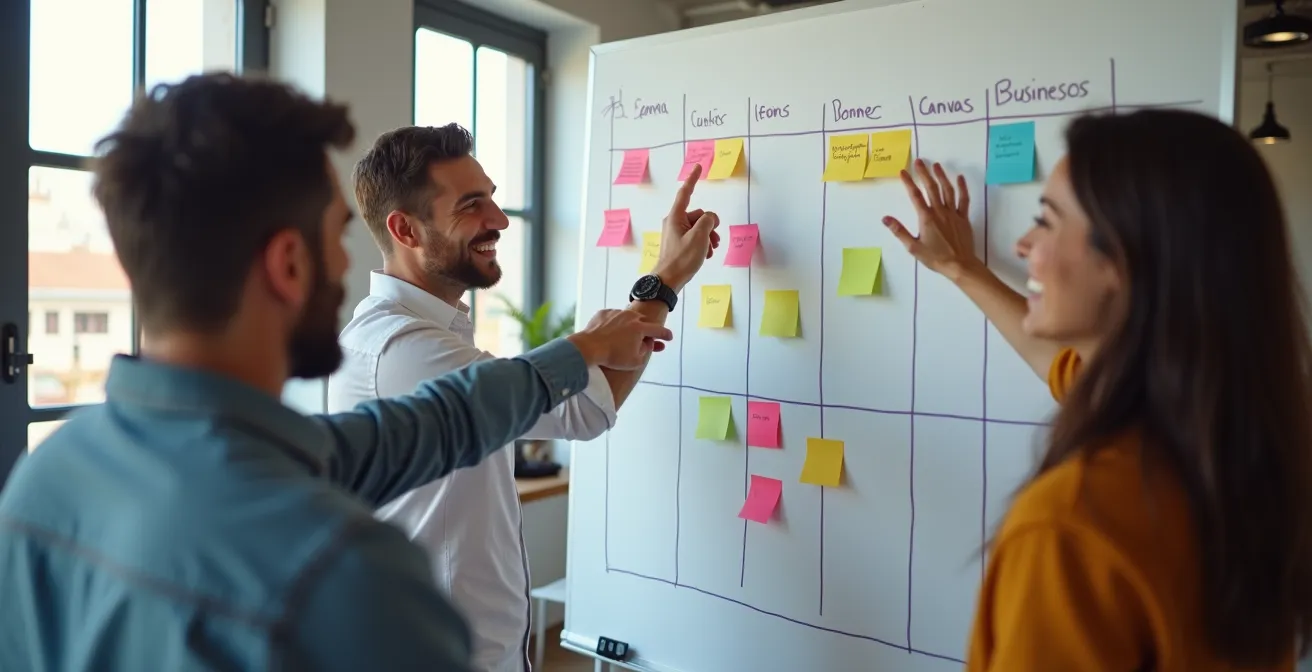 Equipo de startup española trabajando en un Lean Canvas con post-its coloridos