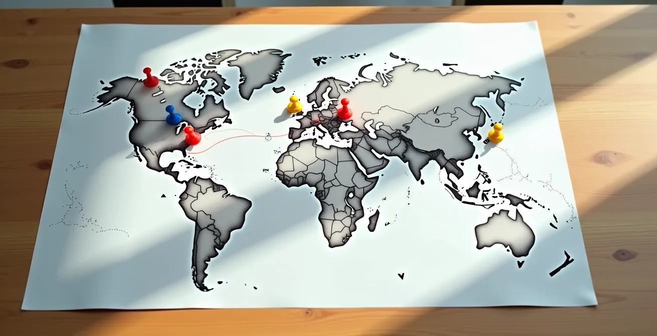 Vista aérea de un mapa con rutas de expansión marcadas y señales de advertencia