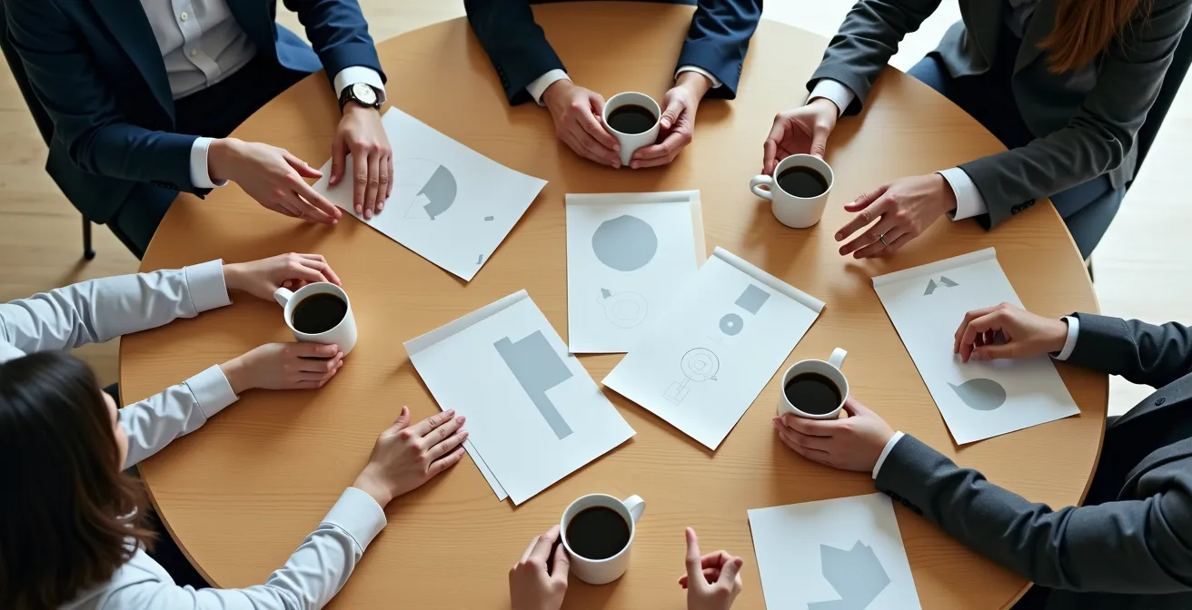 Mesa de reuniones con profesionales negociando, vista cenital abstracta