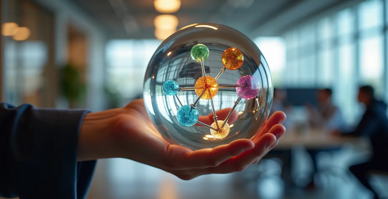 Mano sosteniendo una esfera de cristal con proyecciones holográficas de objetivos y resultados clave flotando en el espacio