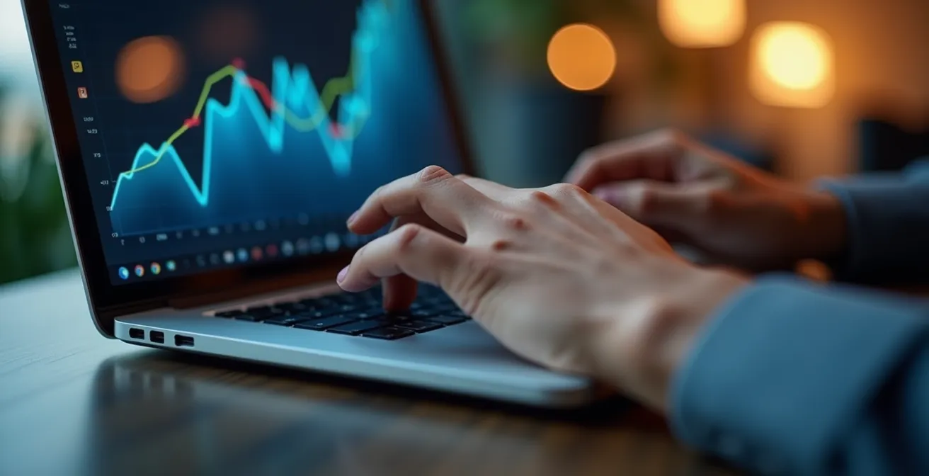 Manos de emprendedor sosteniendo un portátil mostrando gráficos de crecimiento durante una presentación a inversores