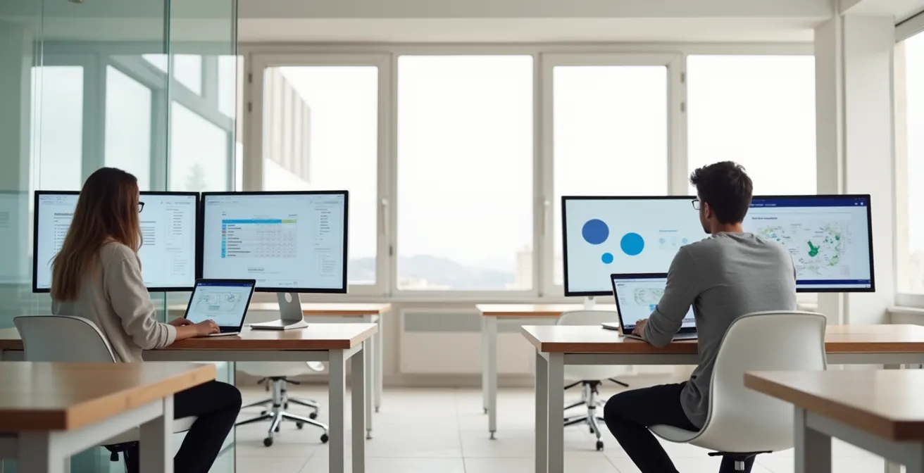 Emprendedor trabajando en prototipo digital con herramientas visuales de desarrollo