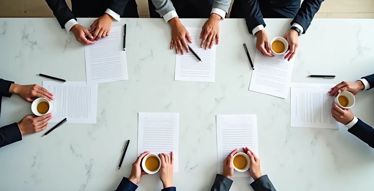 Vista cenital de mesa de negociación con documentos del pacto de socios distribuidos estratégicamente