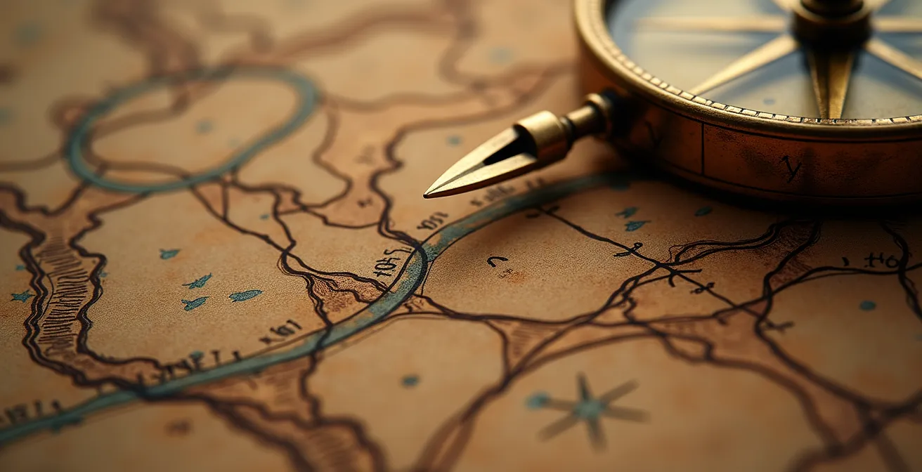 Vista macro de una brújula antigua con reflejos dorados sobre un mapa abstracto con líneas de ruta entrelazadas