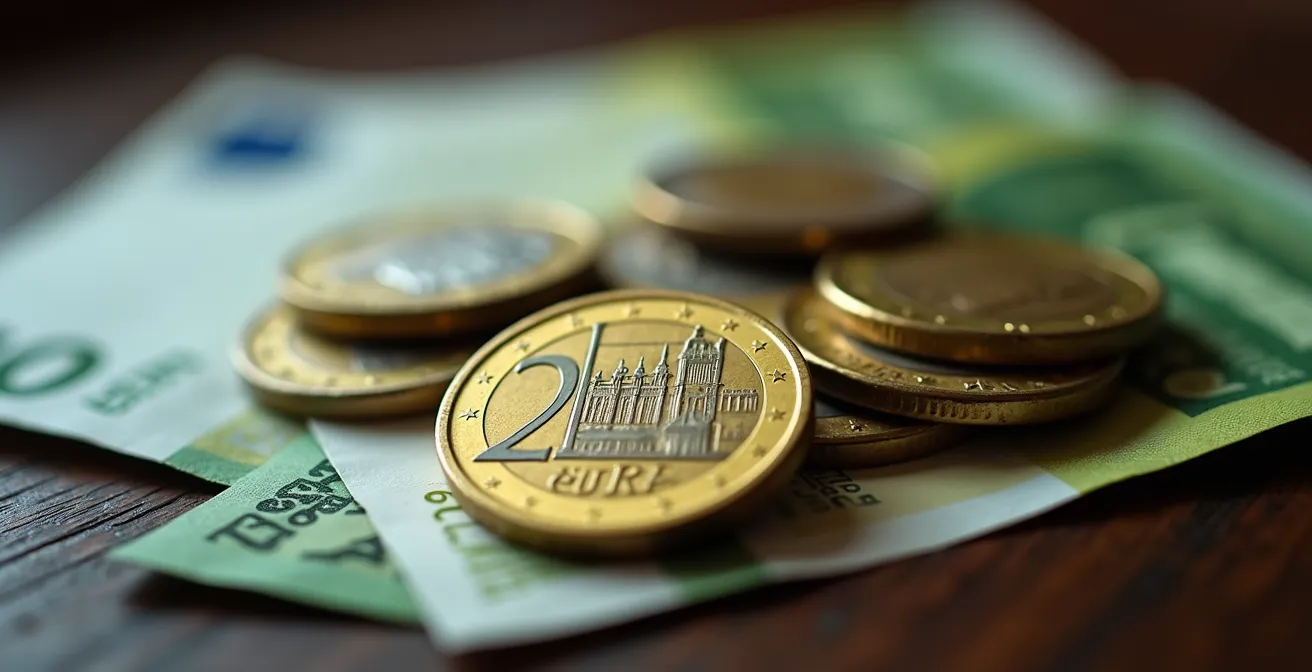 Composición macro de diferentes monedas y billetes de euro con profundidad de campo selectiva