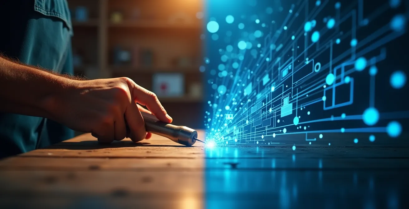 Evolución visual de consultoría tradicional a productos digitales automatizados