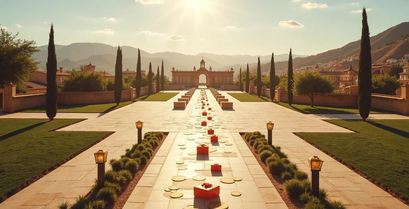 Tres caminos divergentes en un paisaje español representando las opciones de crowdfunding con símbolos visuales distintivos