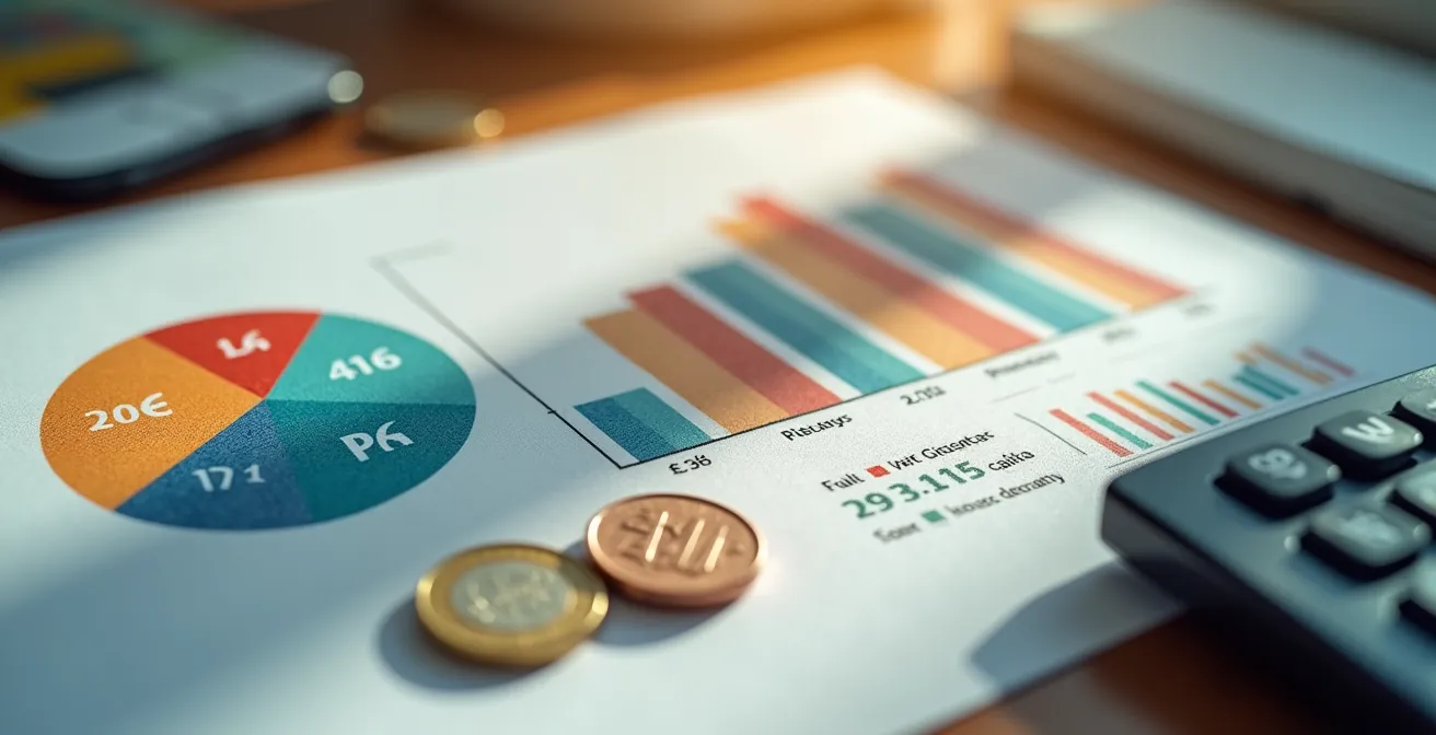 Análisis macro de documentos financieros con calculadora y gráficos abstractos