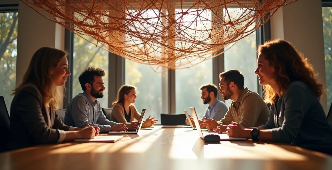 Profesionales analizando un diagrama de flujos organizacionales en una sala de reuniones moderna