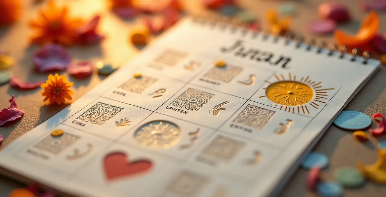 Vista macro de calendario español con iconos festivos y elementos de redes sociales