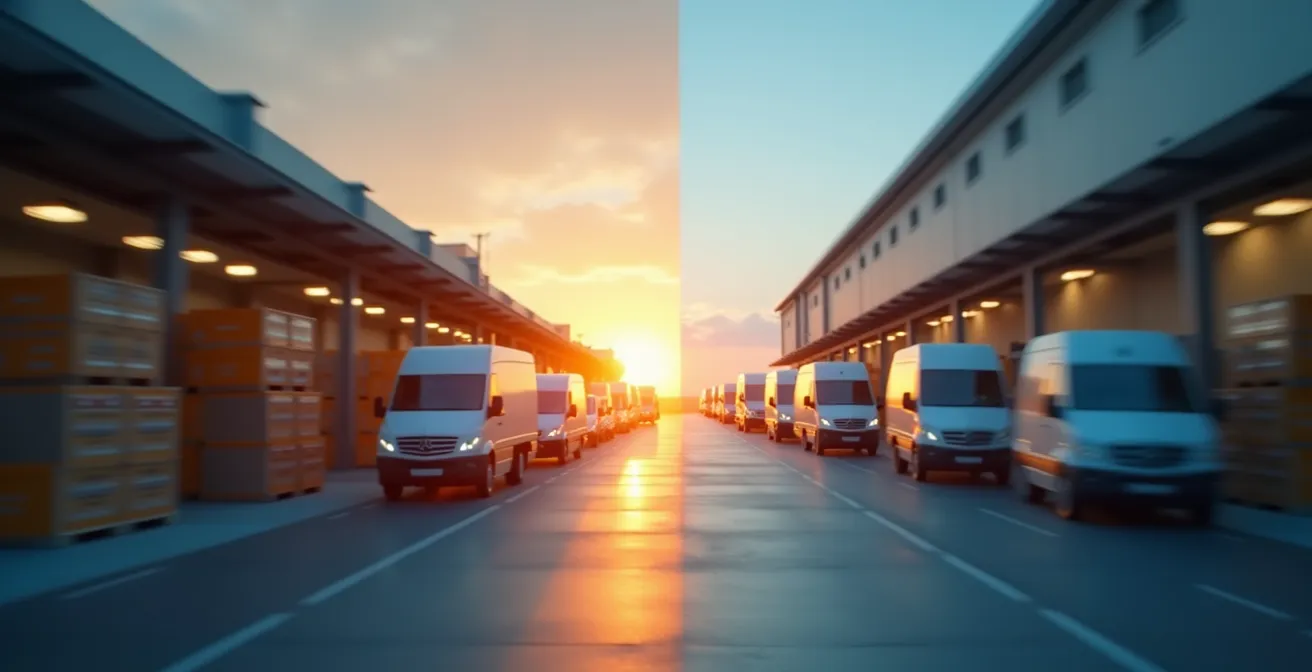 Composición dividida mostrando a la izquierda una conexión directa fabricante-cliente y a la derecha múltiples intermediarios en la cadena de distribución