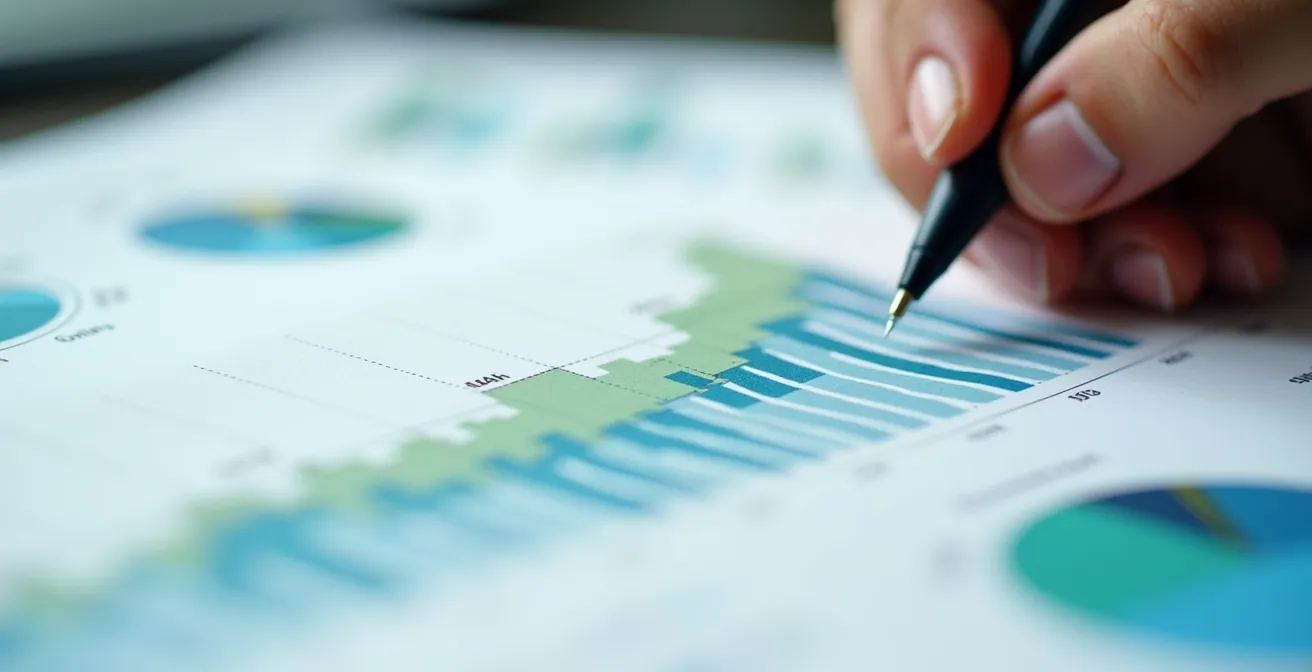 Vista macro de gráficos impresos con indicadores de rendimiento y manos señalando tendencias de crecimiento
