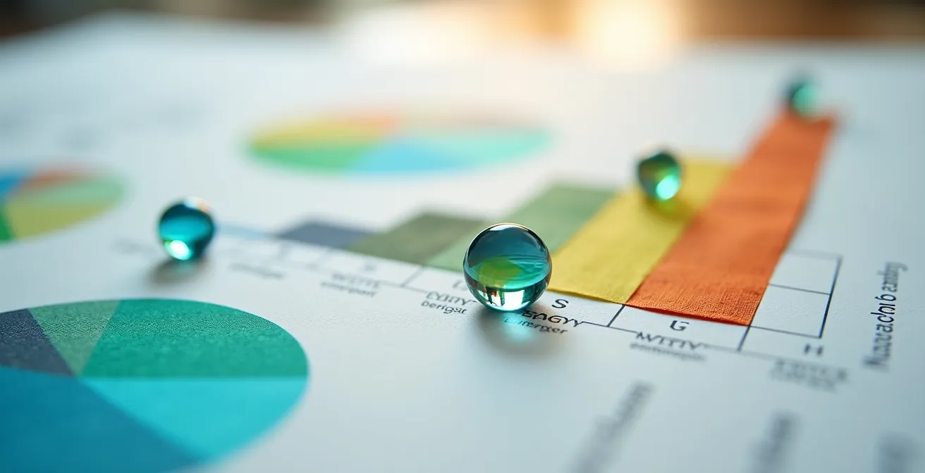 Vista macro de documentos de evaluación con gráficos abstractos y formas geométricas coloridas