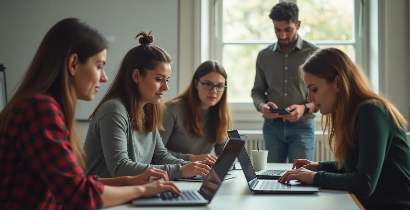 Sesión de formación práctica en bootcamp tecnológico con estudiantes trabajando en proyectos colaborativos