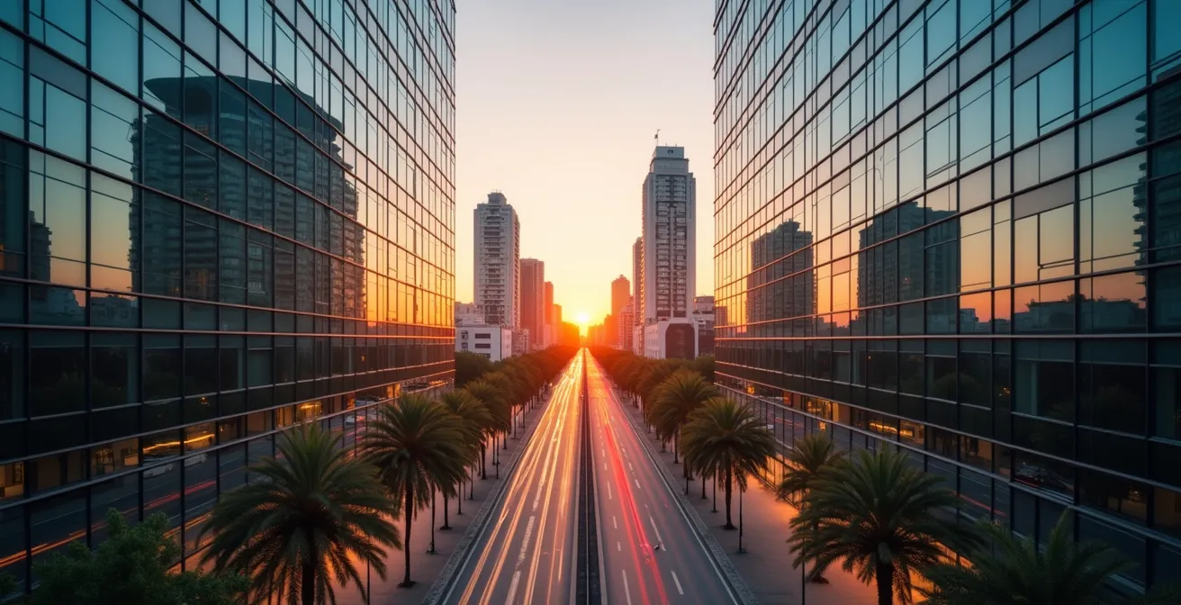 Vista panorámica del distrito financiero de Madrid con representación simbólica de flujos de inversión