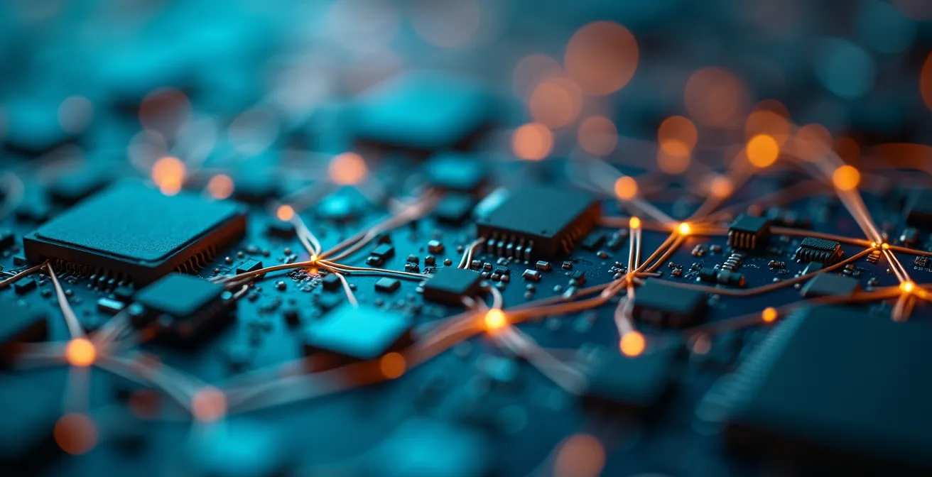 Vista macro de conexiones tecnológicas entrelazadas simbolizando la integración de sistemas digitales