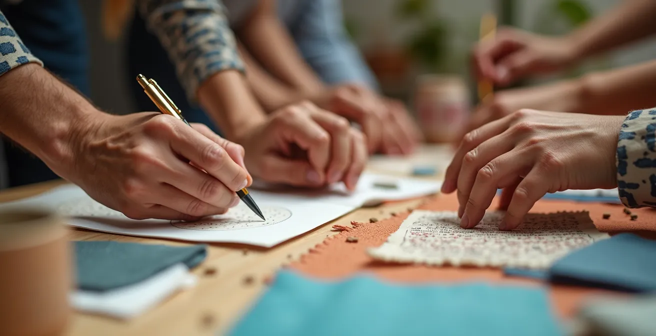 Vista macro de manos diversas trabajando en una superficie compartida con elementos creativos
