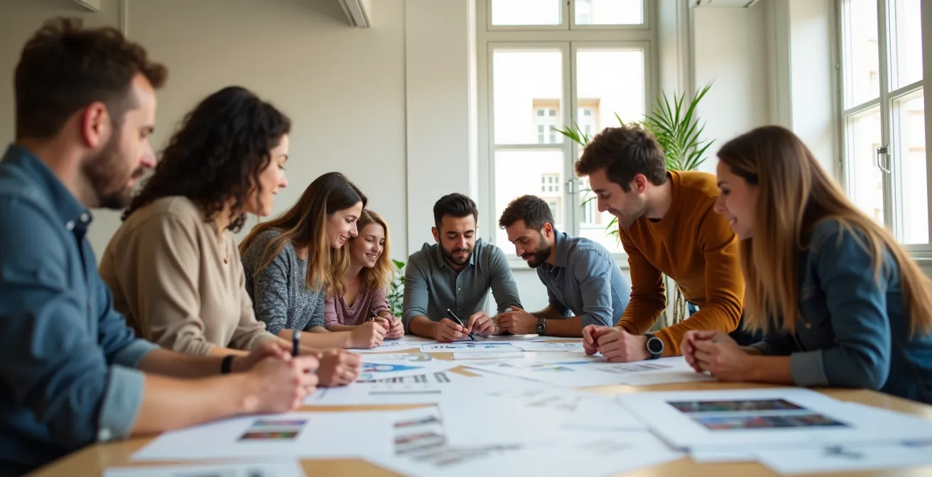 Equipo multigeneracional colaborando en la construcción de una visión compartida