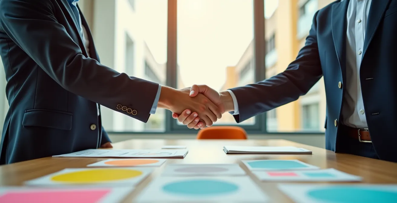Profesionales de diferentes departamentos trabajando juntos en una mesa redonda con materiales de trabajo colaborativo