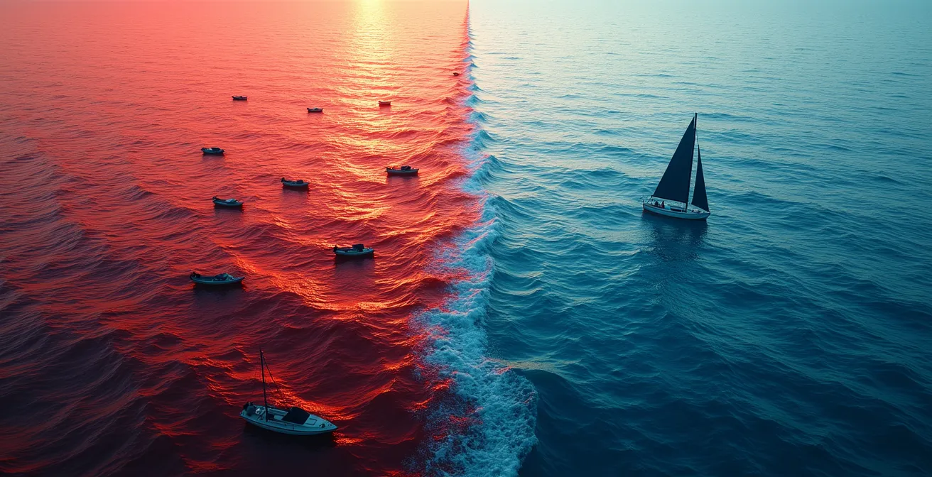 Visualización metafórica de océanos azules y rojos en estrategia empresarial