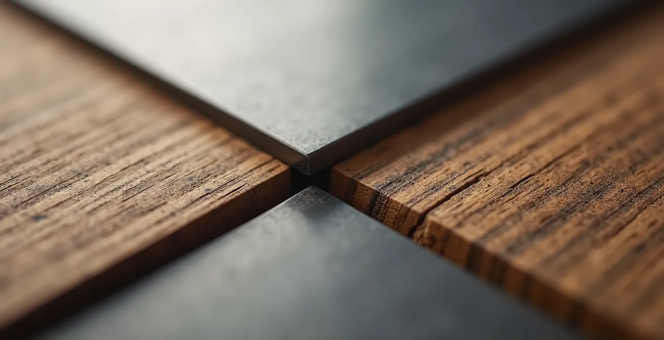 Detalle macro de dos materiales diferentes, acero pulido y madera orgánica, fusionándose armónicamente.