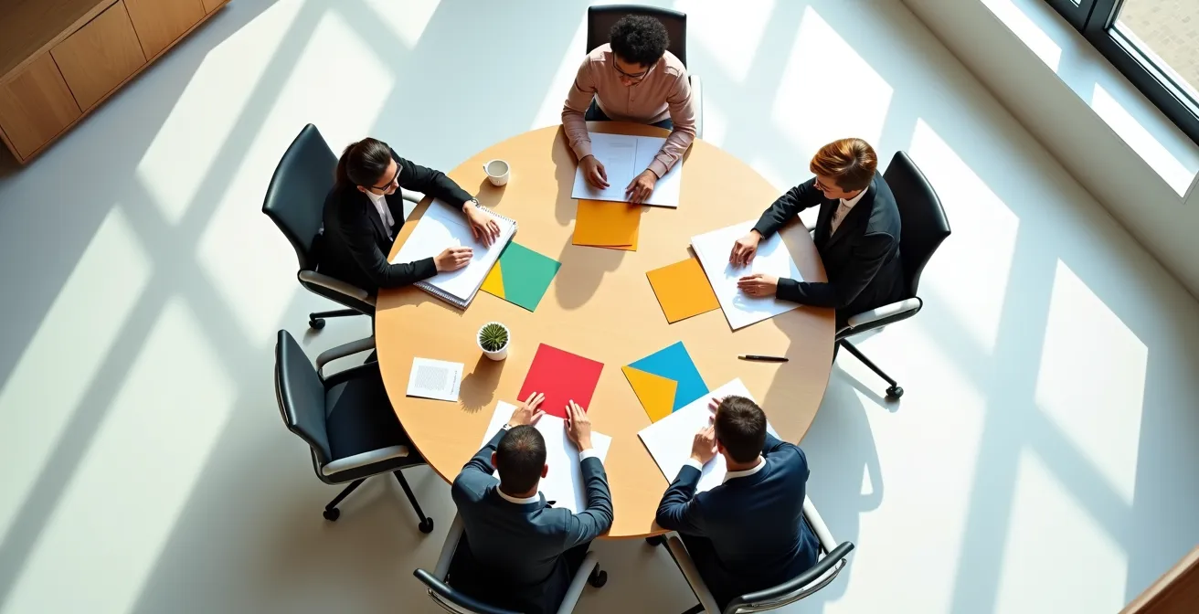 Vista aérea minimalista de mesa de reuniones con personas diversas colaborando en espacio luminoso