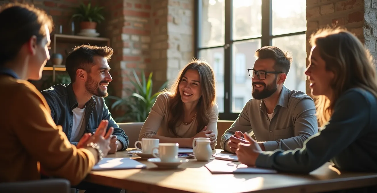 Grupo diverso de personas en conversación informal alrededor de una mesa con café en ambiente relajado de oficina