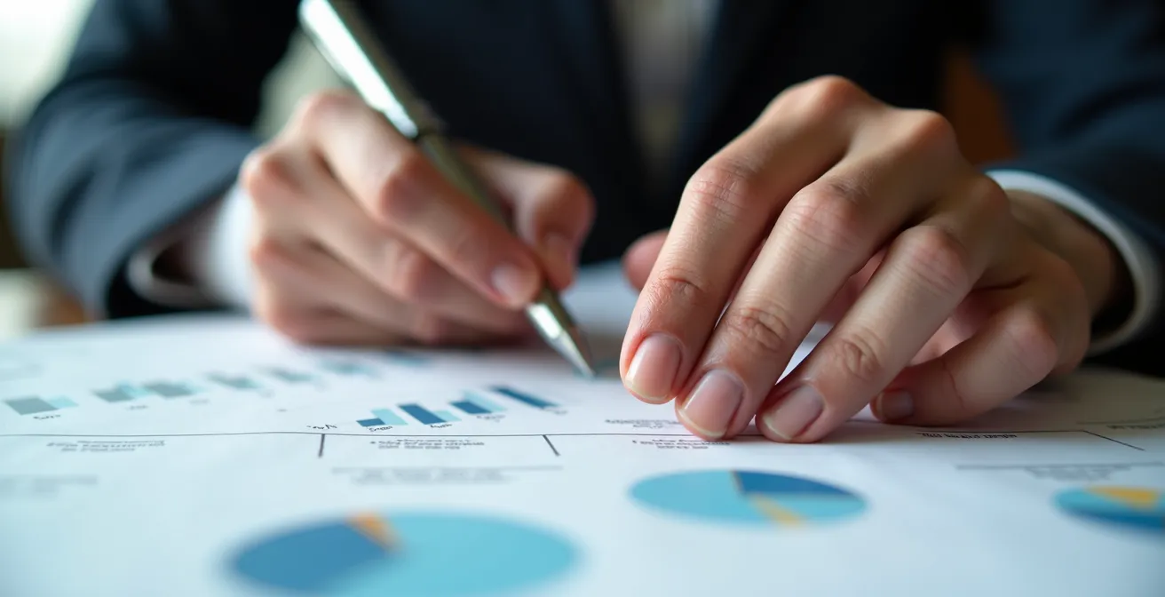 Detalle macro de manos ejecutivas sosteniendo elementos de planificación estratégica