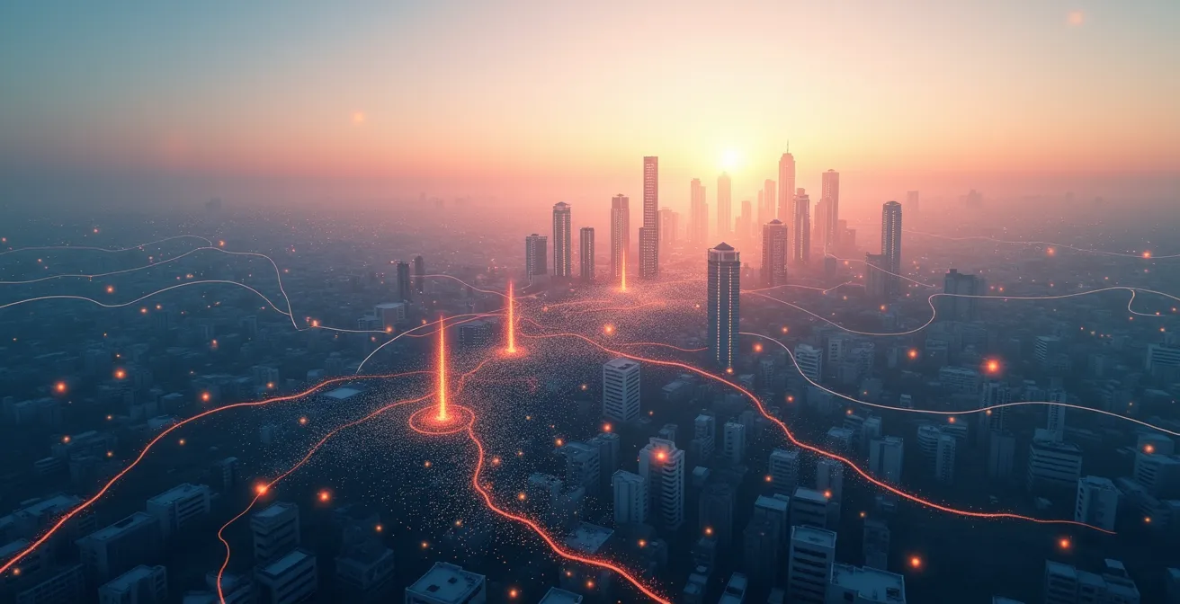 Visualización abstracta de flujos de datos públicos conectando diferentes regiones de España con elementos arquitectónicos característicos