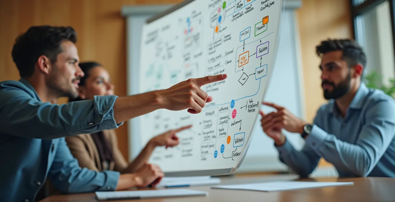 Ejecutivos analizando diferentes estrategias de entrada al mercado en reunión de negocios