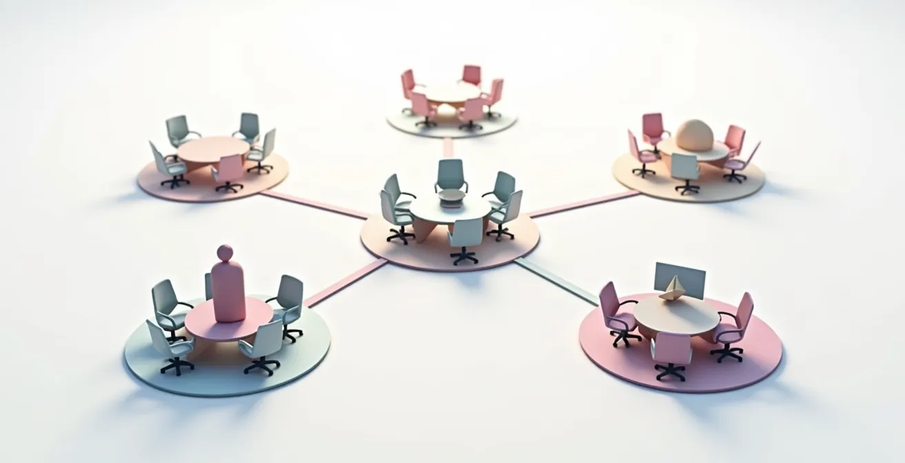 Diagrama visual de estructura ágil con equipos autónomos trabajando en círculos conectados