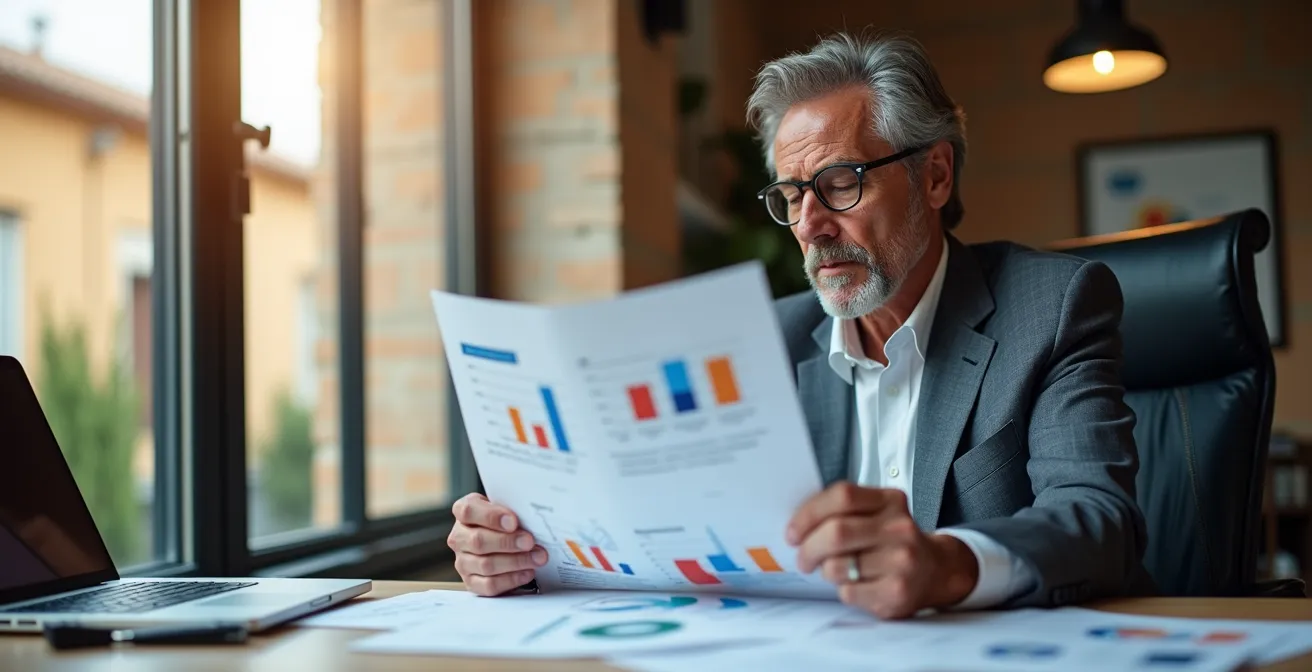 Empresario revisando presupuesto anual en oficina española moderna
