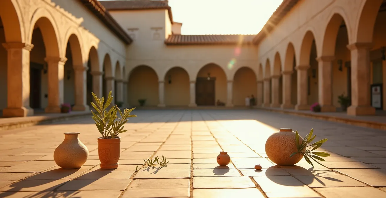 Ilustración conceptual del posicionamiento de marca a través de la representación de objetos culturales españoles en una plaza, simbolizando el espacio mental.