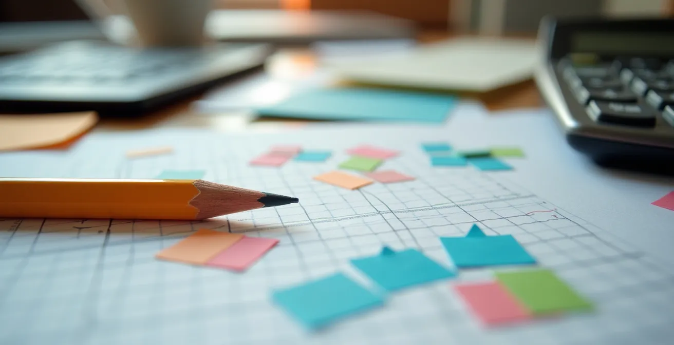 Vista macro de hojas de cálculo y herramientas de análisis de datos sobre mesa de trabajo