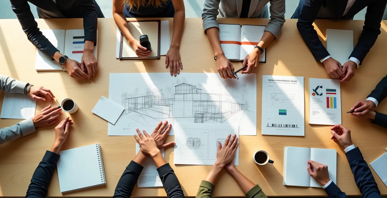 Vista aérea de mesa de reuniones con documentos y dispositivos de trabajo colaborativo