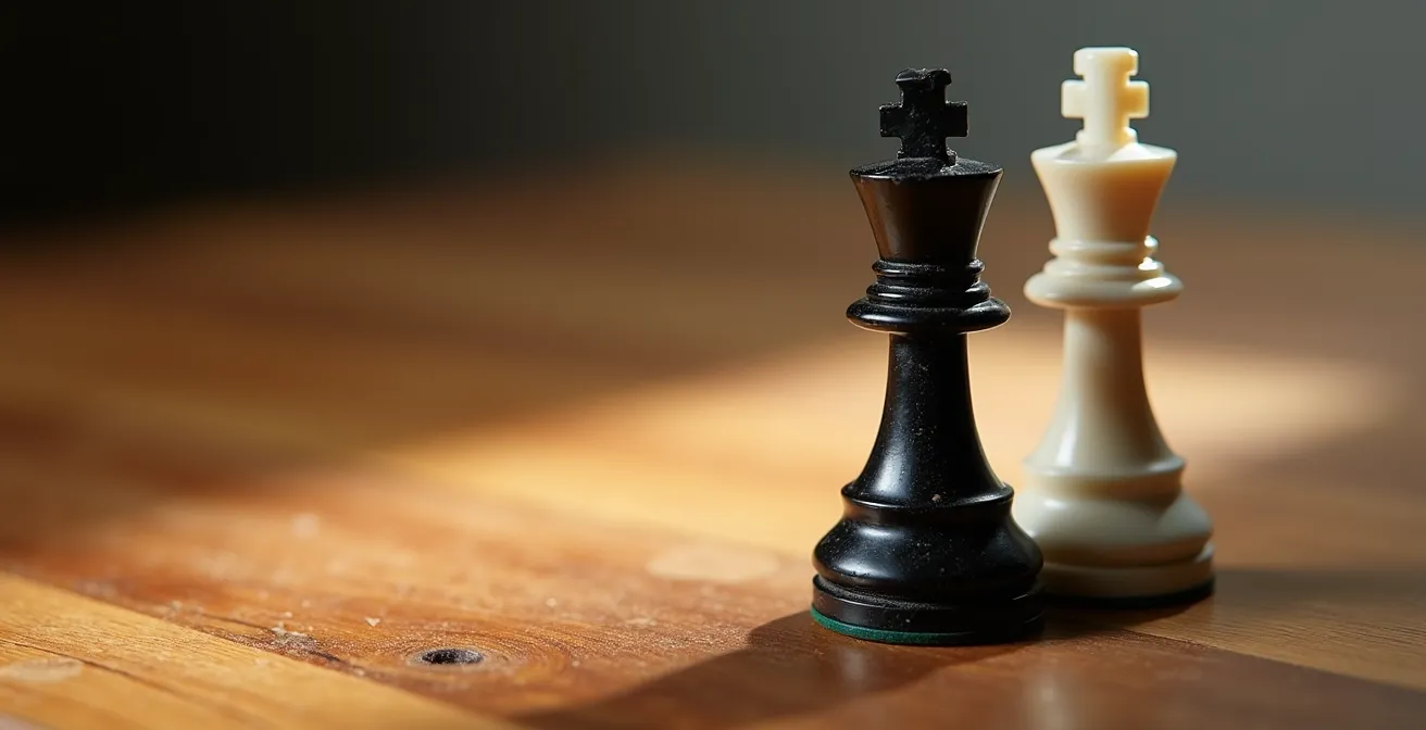 Detalle macro de piezas de ajedrez en equilibrio sobre tablero de madera