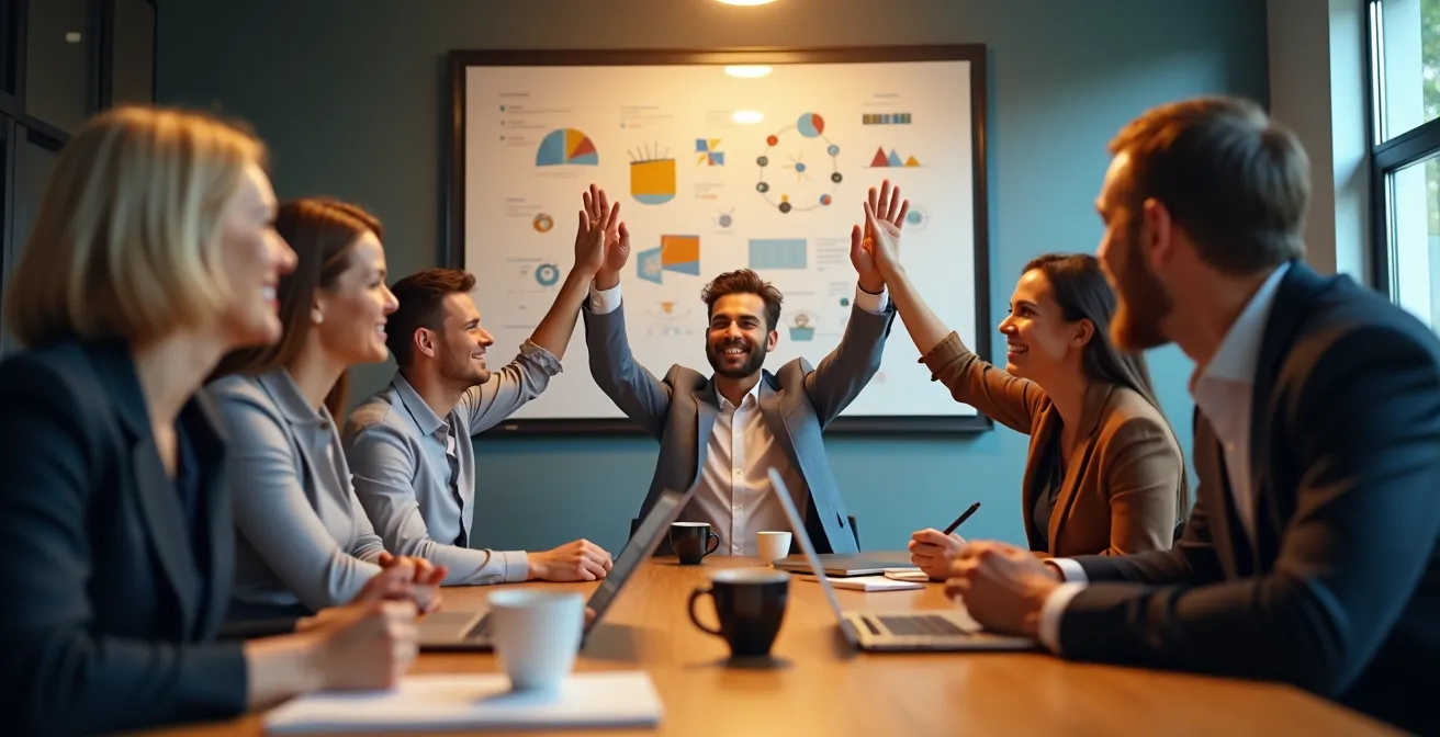 Equipo diverso celebrando en una reunión con gestos positivos y ambiente de colaboración