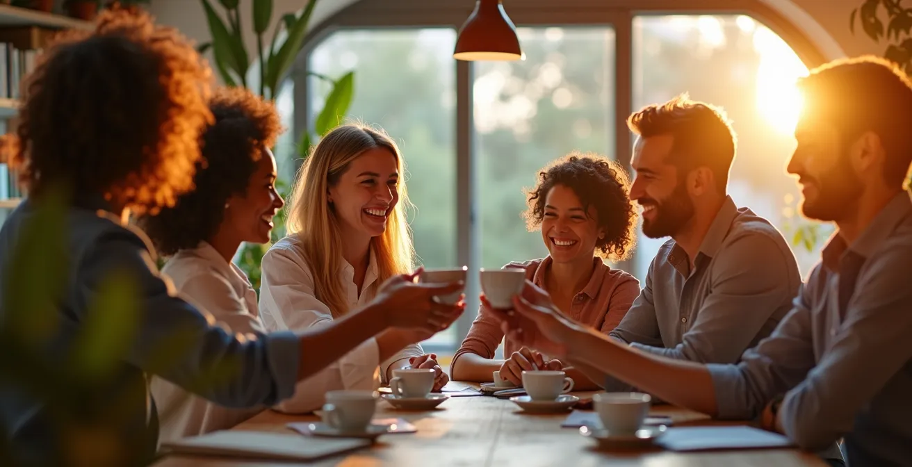 Equipo diverso celebrando en un espacio de oficina luminoso con arquitectura mediterránea