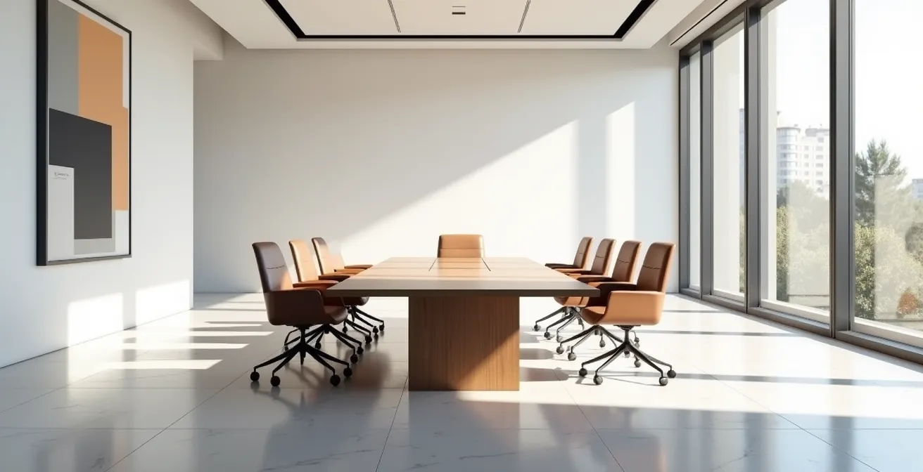 Vista panorámica de sala de consejo moderna en oficina española