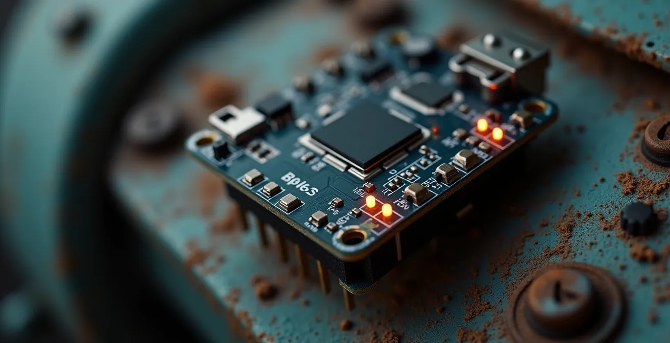 Detalle macro de sensor IoT instalado en maquinaria industrial antigua