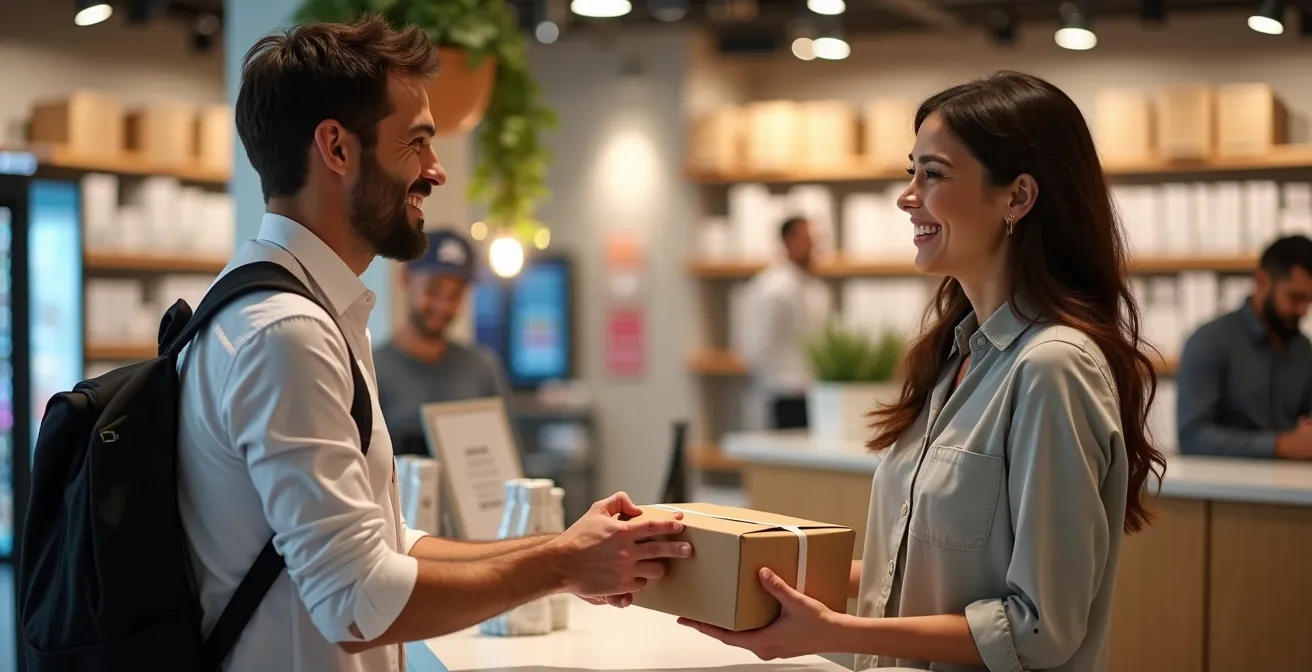 Vista interior de zona de recogida click and collect con cliente y empleado interactuando