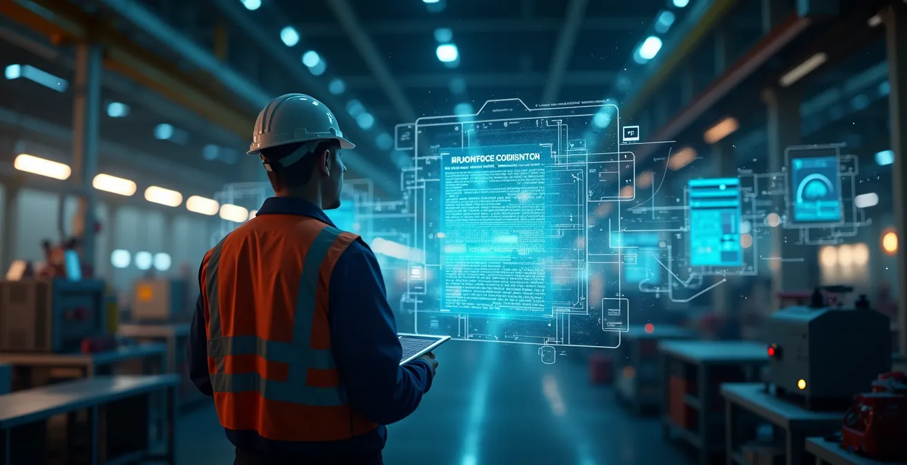 Vista amplia de operario analizando visualización holográfica de planta industrial