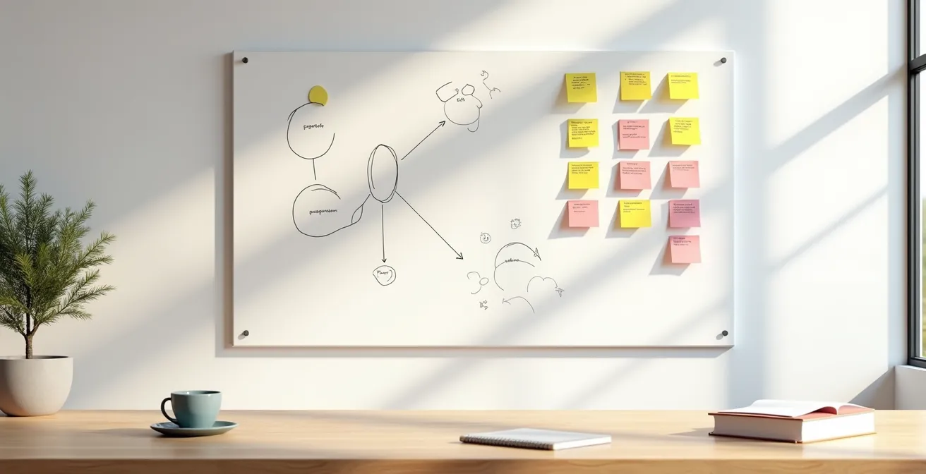 Espacio de trabajo minimalista con tablero de planificación y elementos de gestión de proyectos en ambiente luminoso